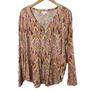 J.Jill Printed Long Sleeve Pintuck Button Front Top Size XL